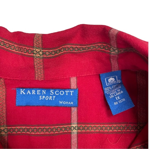 Karen Scott Sport Womens Shirt Red Checked Scottie Dog Button Down - Picture 4 of 5